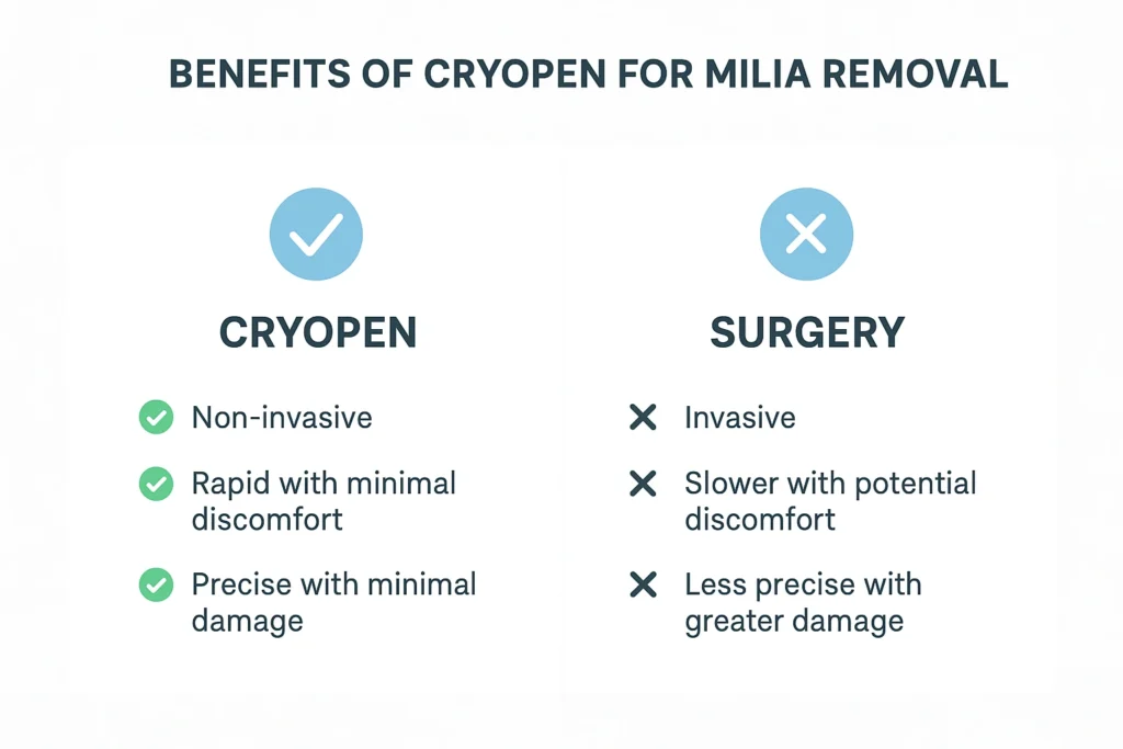 Benefits of cryopen for milia removal SCOTLAND compared to surgical treatments.