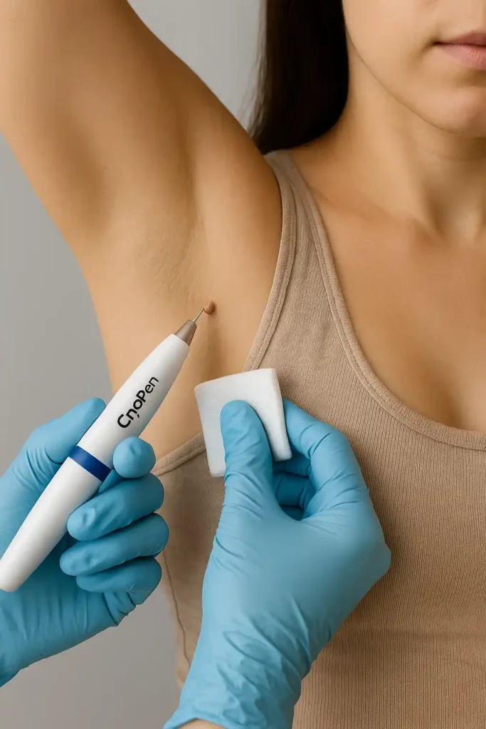 woman having cryopen to remove underarm skin tags SCOTLAND