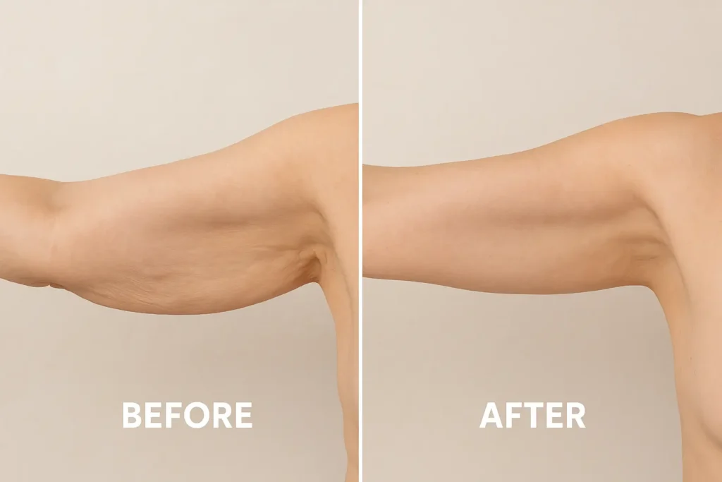 Picture of LA LIPO SCOTLAND before and after results of skin tightening treatment on the upper arms.