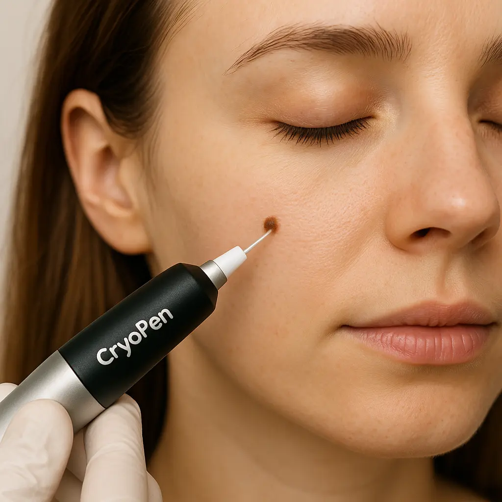 woman receiving facial mole removal SCOTLAND using cryopen