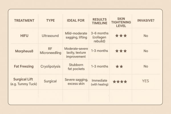 Table showing the comparisons of Skin tightening SCOTLAND treatment options. 